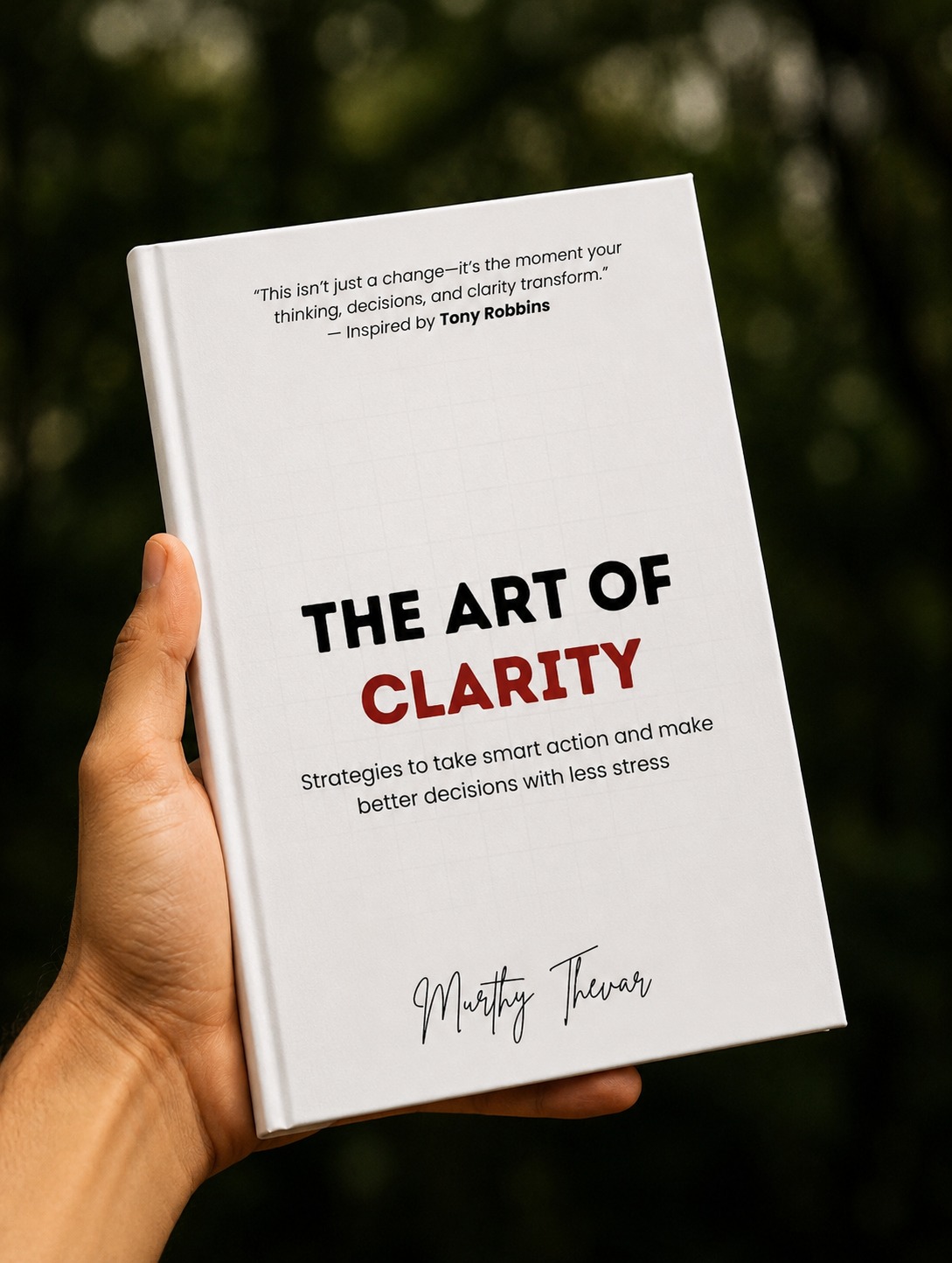 A reader holding The Art of Clarity by Murthy Thevar A reader holding The Art of Clarity by Murthy Thevar